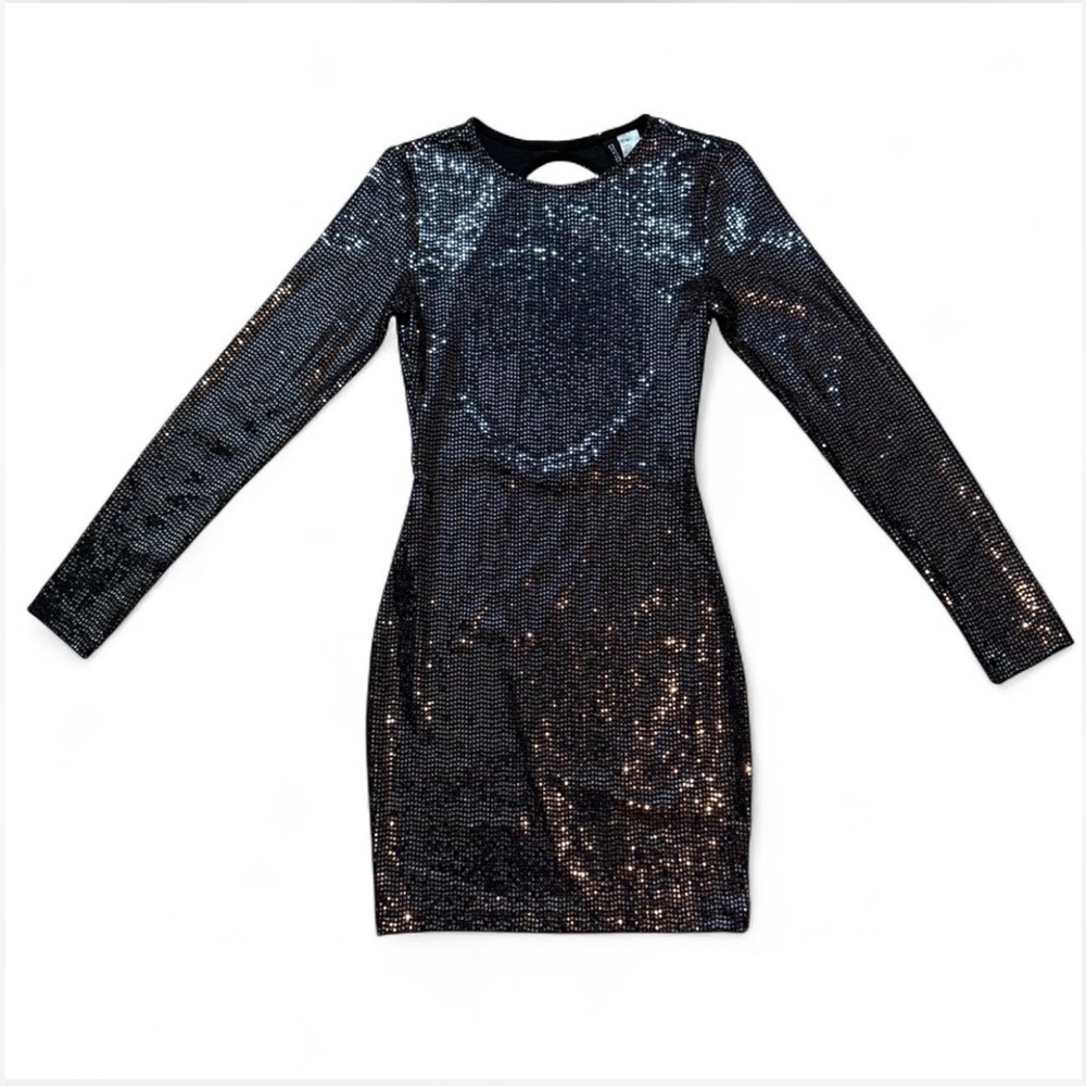 Black Sequin Long Sleeve Cutout Back Mini Bodycon Dress